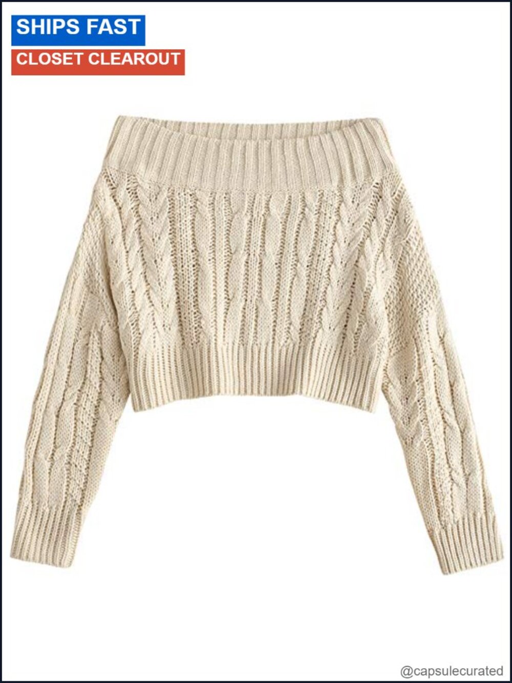Off Shoulder Sweatshirt Cable Rib Knit Crop Sweater Long Sleeve